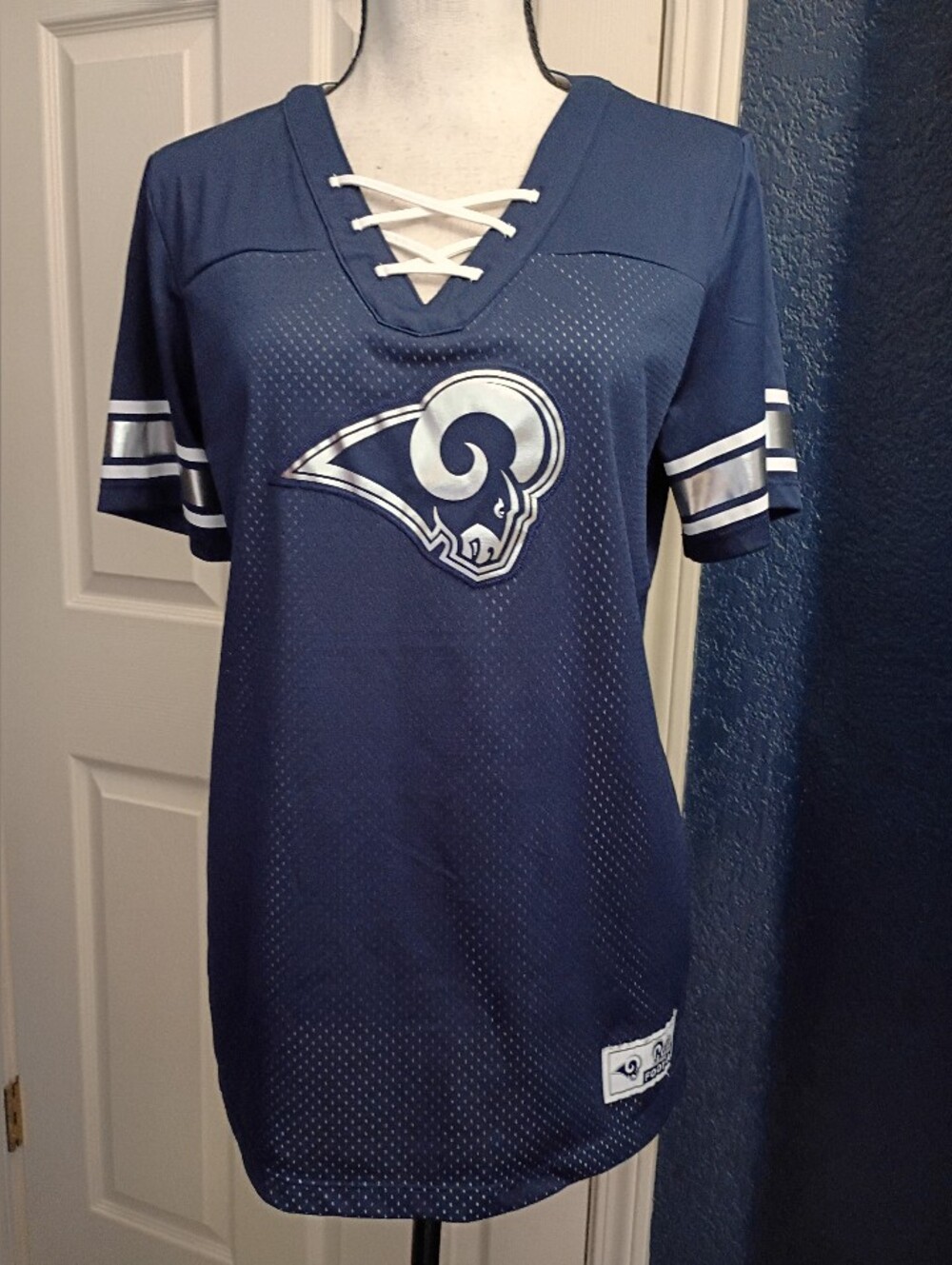 NFL Women's Navy Blue Lace-Up Rams Jersey Top